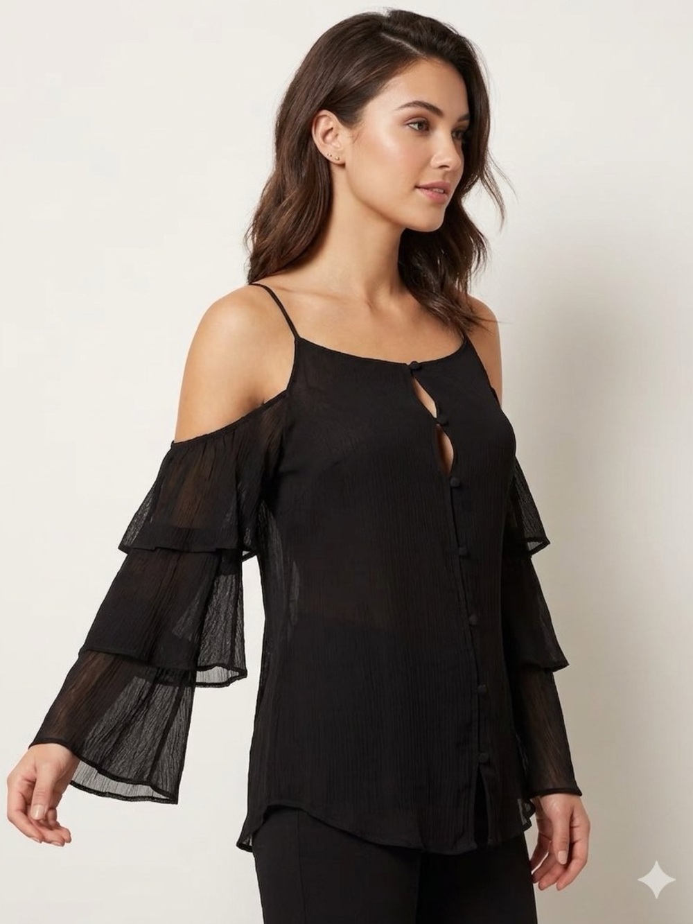 MAEVE Anthropologie Black Crepe Chiffon Cold Shoulder Ruffle Sleeve Button Shirt